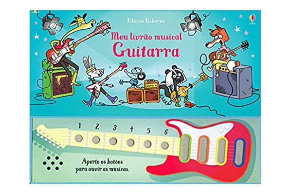 capa de livro com ilustrações de animais tocando instrumentos musicais. Na parte de baixo, uma guitarra com botões