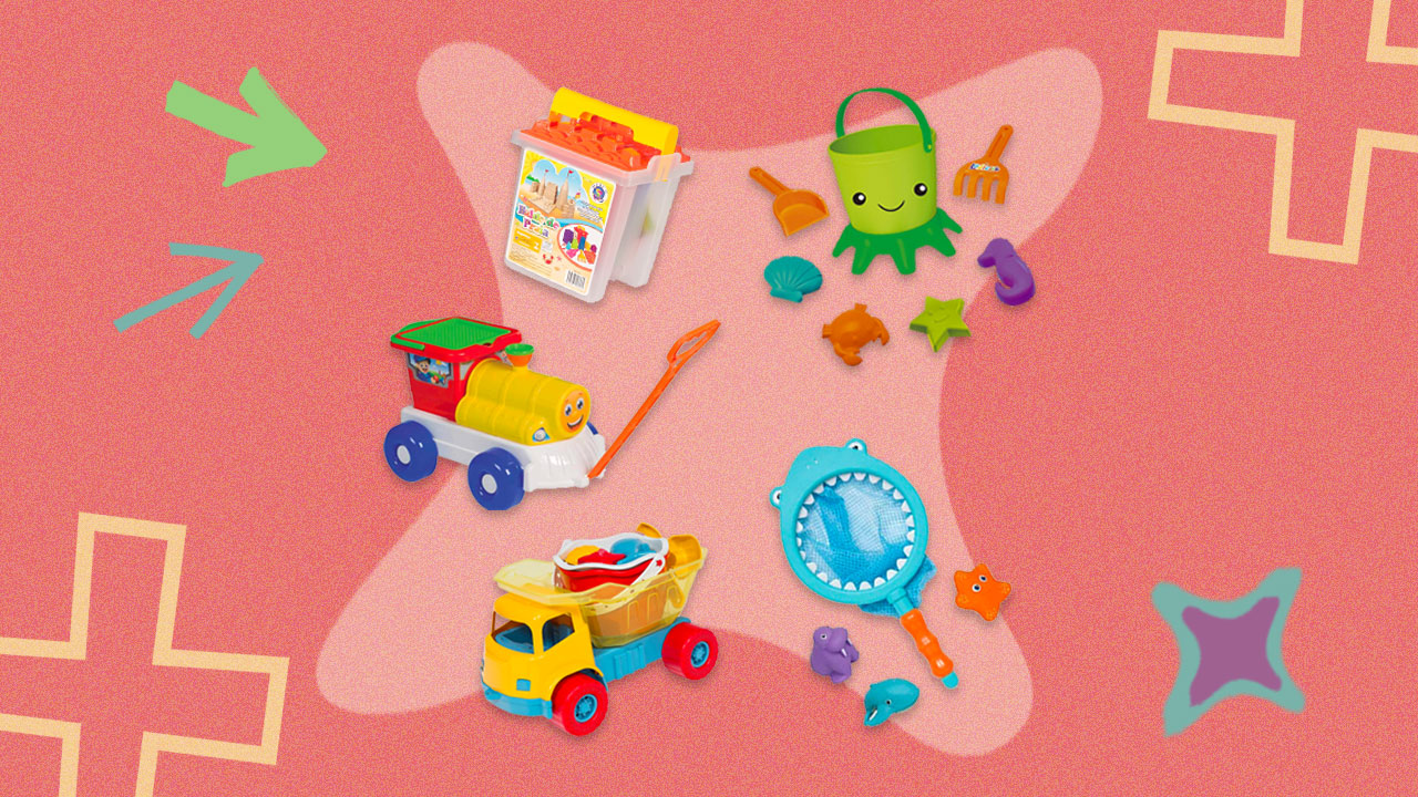 brinquedos de praia dispostos lado a lado em um fundo colorido