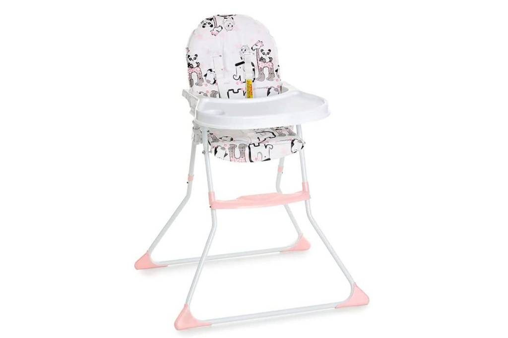 Cadeira de refeição para bebê branca com estampa de animais no assento. Pés brancos com detalhes em rosa.
