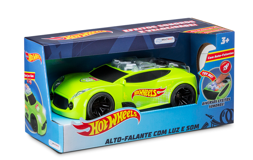 Carrinho hot wheels de cor verde limão dentro da caixa azul.