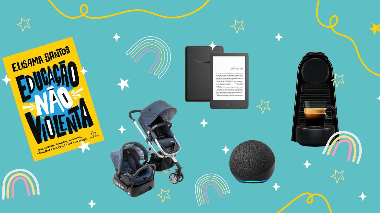 livro, carrinho de bebê, bebê conforto, tablet, speaker e cafeteira dispostos lado a lado em um fundo colorido