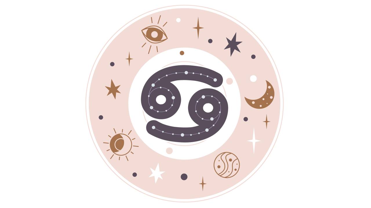 ilustração de círculo preenchido por elementos que remetem à astrologia, como lua e sol. Ao centro, o símbolo do signo de Câncer