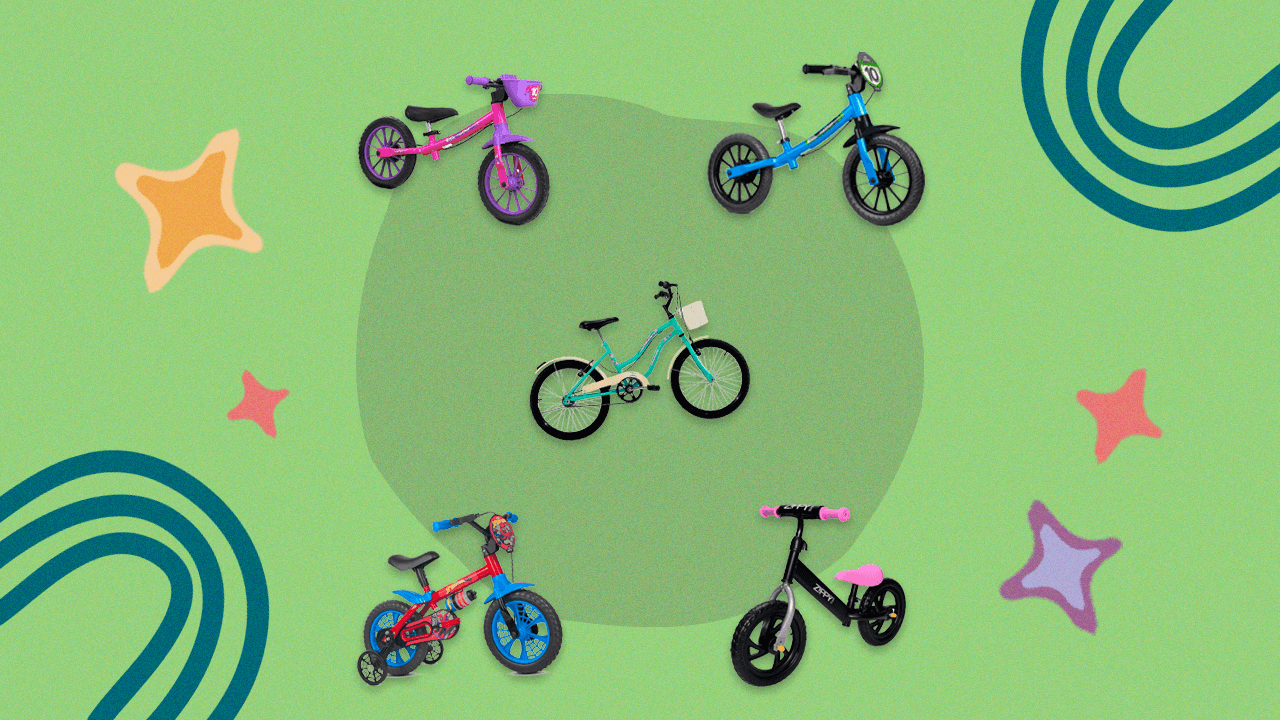 Montagem com cinco bicicletas sobre fundo verde