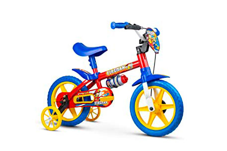 Bicicleta infantil aro 12, azul, vermelha e amarela. Com rodinhas.