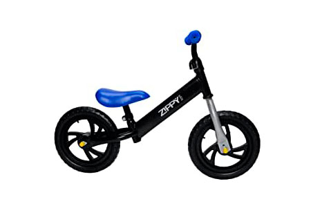 Bicicleta de equilíbrio, sem pedais ou rodinhas, apenas duas rodas, azul e preta.