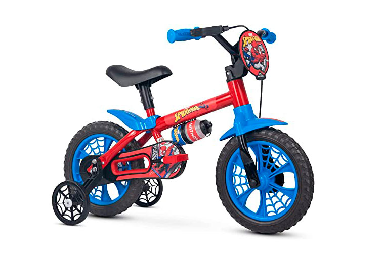 bike spiderman Nathor. Infantil, vermelha e azul, com rodinhas.