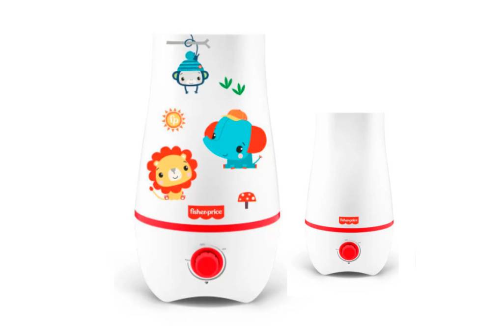 Umidificador fisher price branco e vermelho com adesivos de bichinhos