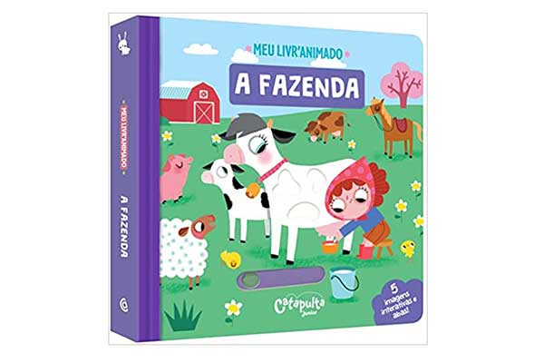 capa de livro infantil com a ilustração de animais em um pasto e de uma menina ordenhando uma vaca