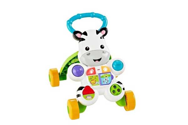 estrutura com quatro rodas e um apoio de mãos em formato de zebra, para a criança empurrar e andar