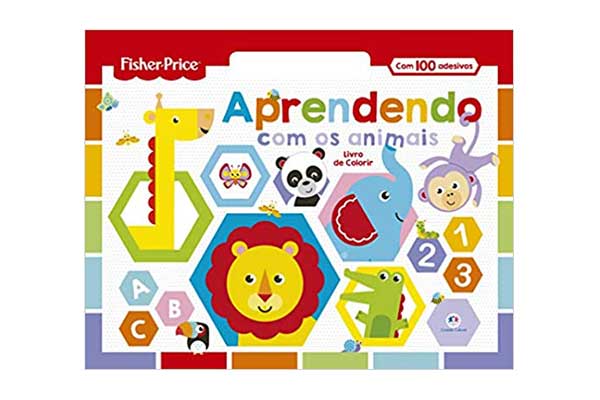 capa do livro Fisher-Price / Aprendendo com os Animais com ilustrações de animais, dentro de figuras geométricas e de números