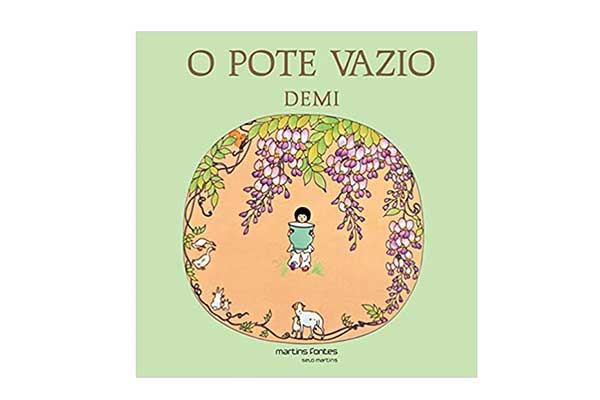 capa do livro O Pote Vazio com a ilustração de um menino envolto em um círculo cheio de plantas segurando um pote