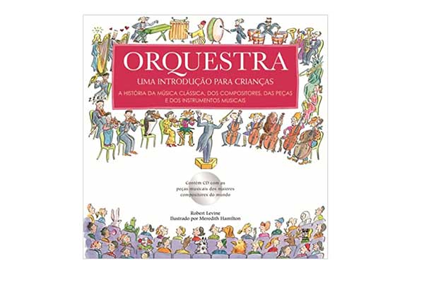 capa de livro com a ilustração de um maestro, a orquestra e a plateia