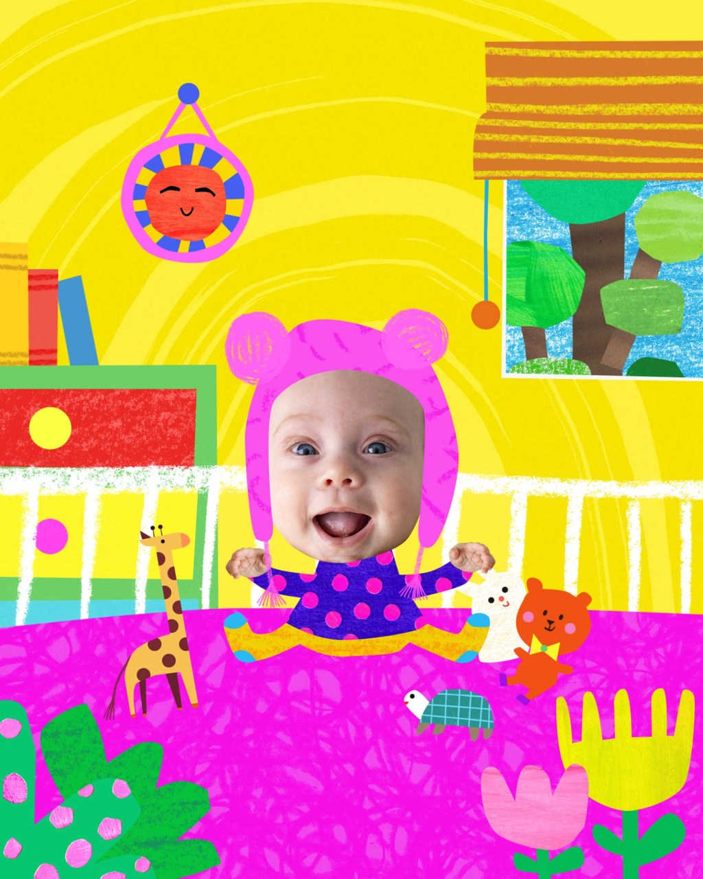 rosto de garotinha em ilustração de um corpo de criança em fundo colorido