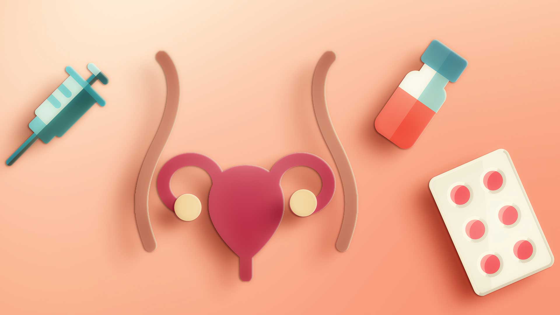 ilustrações de um útero, uma seringa, um frasco de remédio e de uma cartela de comprimidos