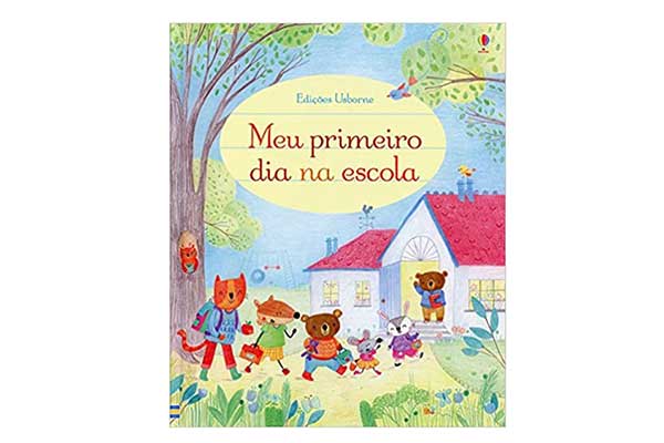 capa de livro com a ilustração de animais com mochilas e lancheiras chegando a uma casa. Na porta dela, uma ursa, a professora, acena para eles