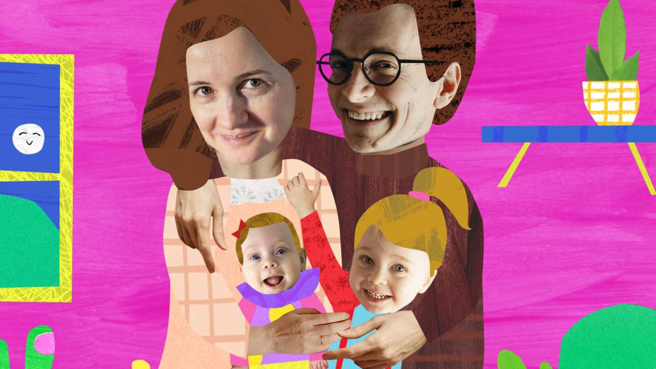 ilustração de uma família formada por homem, mulher e duas filhas crianças em um fundo colorido