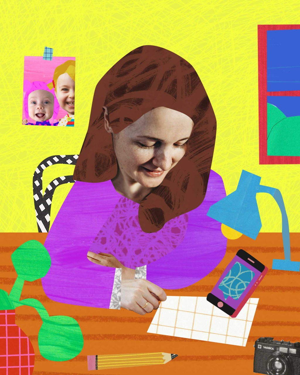 foto do rosto de uma mulher colado em um corpo ilustrado em um fundo colorido