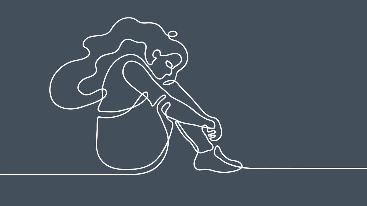 Ilustração de mulher sentada, abraçando as pernas, feita com um fio branco sobre fundo azul petróleo,