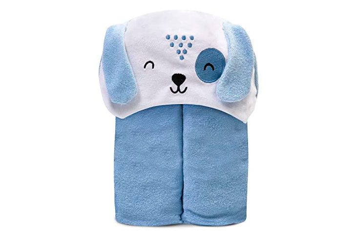 Toalha de banho para bebê, azul, forrada, com capuz e carinha de cachorro.