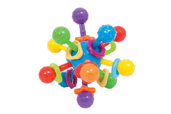 Buba-Atomic-Ball Bola colorida de ondem saem várias hastes, também coloridas, com anéis plásticos no comprimento e esferas nas pontas