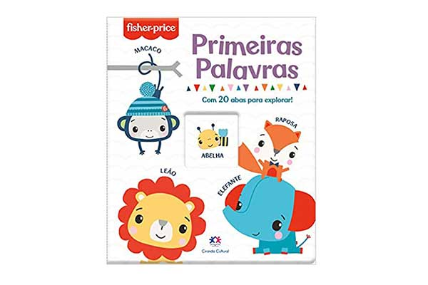 capa do livro Primeiras Palavras, com ilustrações de animais, como macaco, leão e elefante