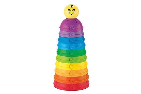 Potinhos-Empilhar-e-Rolar-Fisher-Price potinhos plásticos coloridos empilhados, formando uma espécie de cone. No topo, uma bolinha com um rosto desenhado