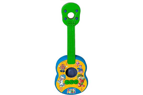 violão plástico e colorido de brinquedo, com estampa de palhaços