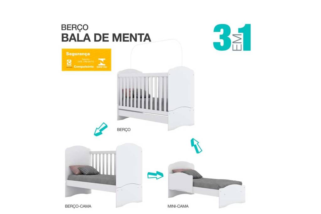 Berço branco que se transforma em sofá-cama e em minicama