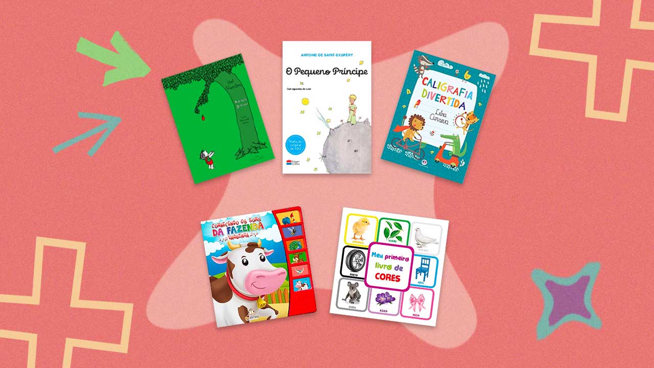 cinco capas de livros infantis dispostas em um fundo colorido