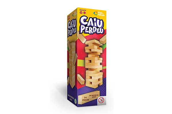 caixa retangular vertical do jogo Caiu Perdeu, com imagens de blocos pequenos blocos de madeira retangulares empilhados