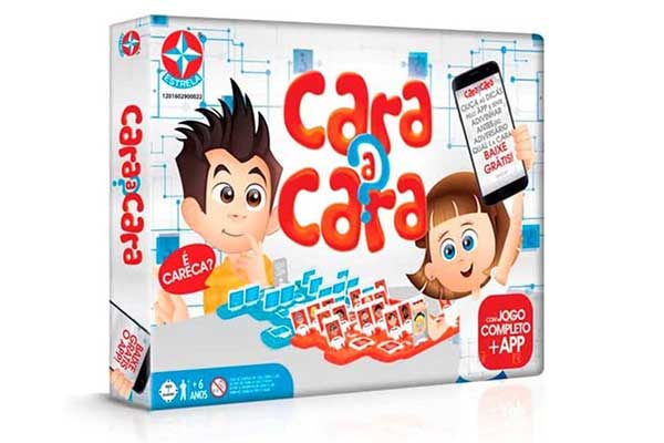 embalagem de papelão do jogo Cara a Cara, com ilustração de uma menina e de um menino jogando