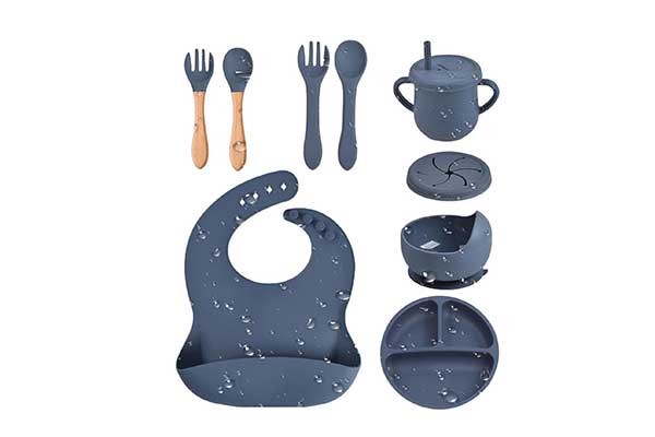 Conjunto-de-alimentação-de-bebê-de-silicone,-Weeyutix conjunto de alimentação de bebê formato por talheres, babador, copo, tigela e prato