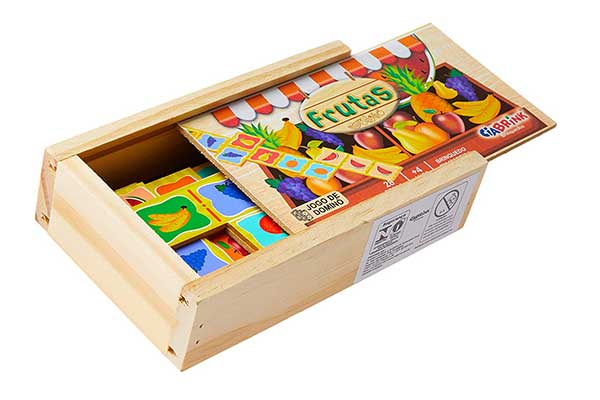 Dominó-Frutas-Ciabrink caixa de madeira com tampa deslizante e colorida, com ilustrações frutas