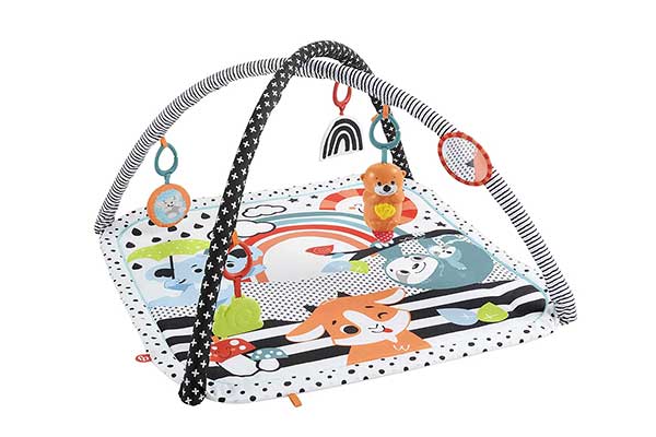 tapete colorido com estampa de animais e dois arcos suspensos transversais com brinquedos pendurados