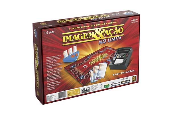 caixa de papelão do jogo Imagem & Ação, com imagens do tabuleiro e de outras peças do jogo