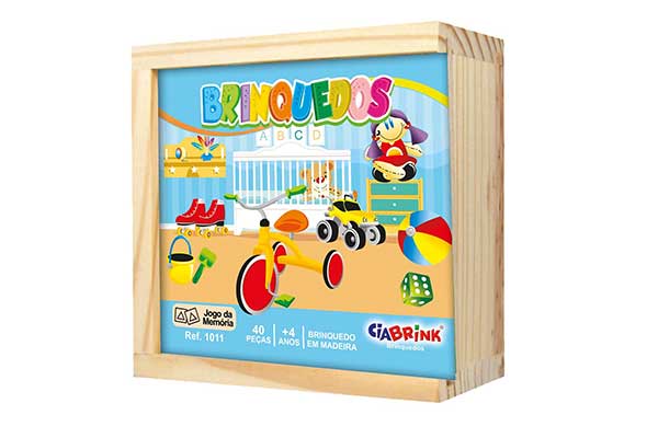 caixa de madeira com tampa deslizante e colorida, com ilustrações de um quarto infantil