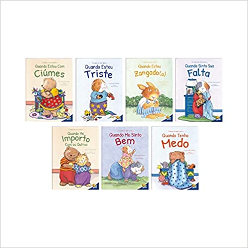 sete livros infantis diferentes, dispostos lado a lado: quatro em cima e três em baixo