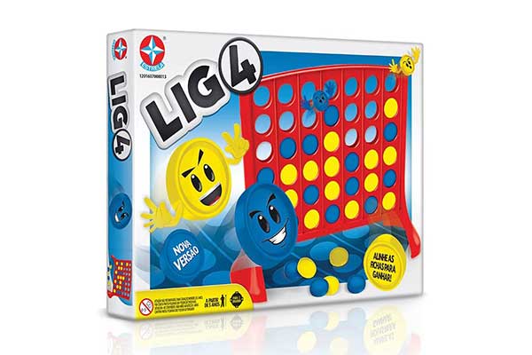caixa de papelão do jogo LIG4, com imagens do painel, todo cheio de pequenas bolinhas em amarelo e azul