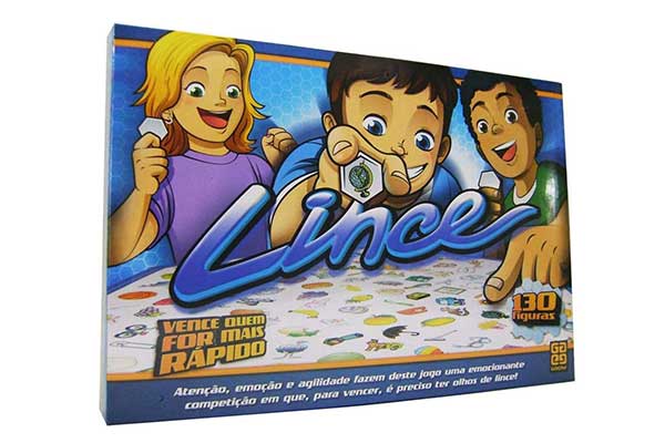 caixa de papelão do jogo Lince, com ilustração de três crianças sorrindo e olhando para um tabuleiro