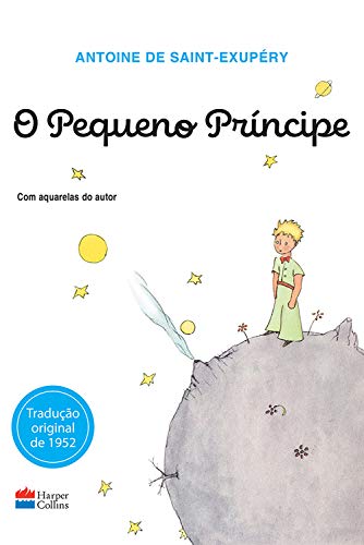 capa do livro O Pequeno Príncipe, com ilustração de um menino em pé em cima de uma esfera que representa um planeta