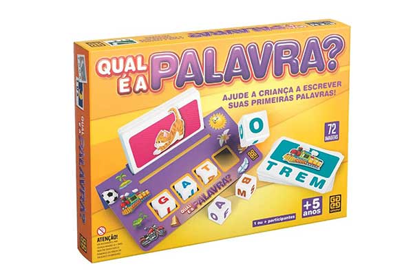 caixa de papelão do Jogo Qual é a Palavra, com a imagem de um painel, de cartas, dados e outras peças do jogo