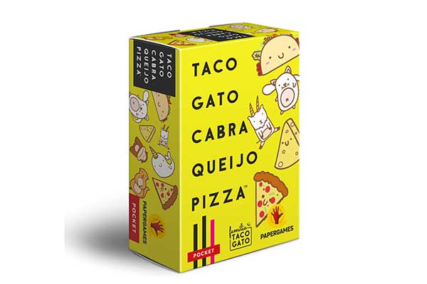 Taco-Gato-Cabra-Queijo-Pizza-PaperGames caixa de papelão amarela em que se lê: taco, gato, queijo e pizza. Ao lado de cada palavra, há uma ilustração correspondente ao termo