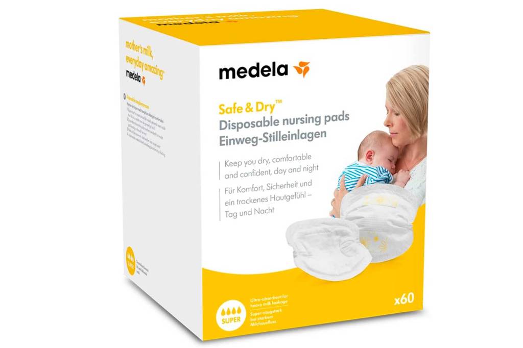 absorvente-para-seios Caixa branca e amarela com 60 unidades de absorvente para seios