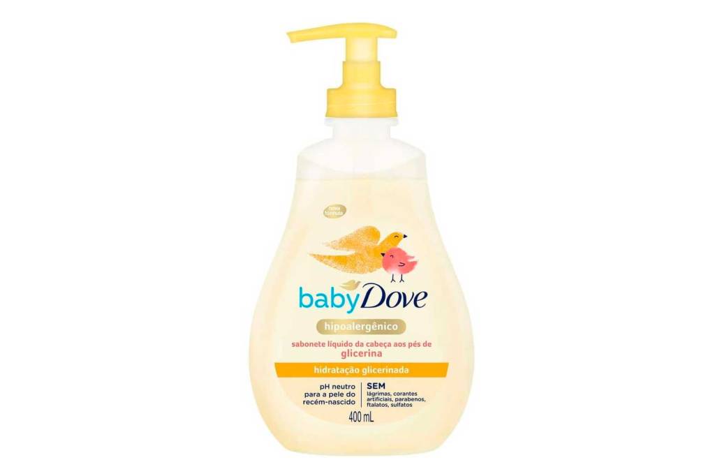 Sabonete Baby Dove, embalagem com pump, branca e amarela