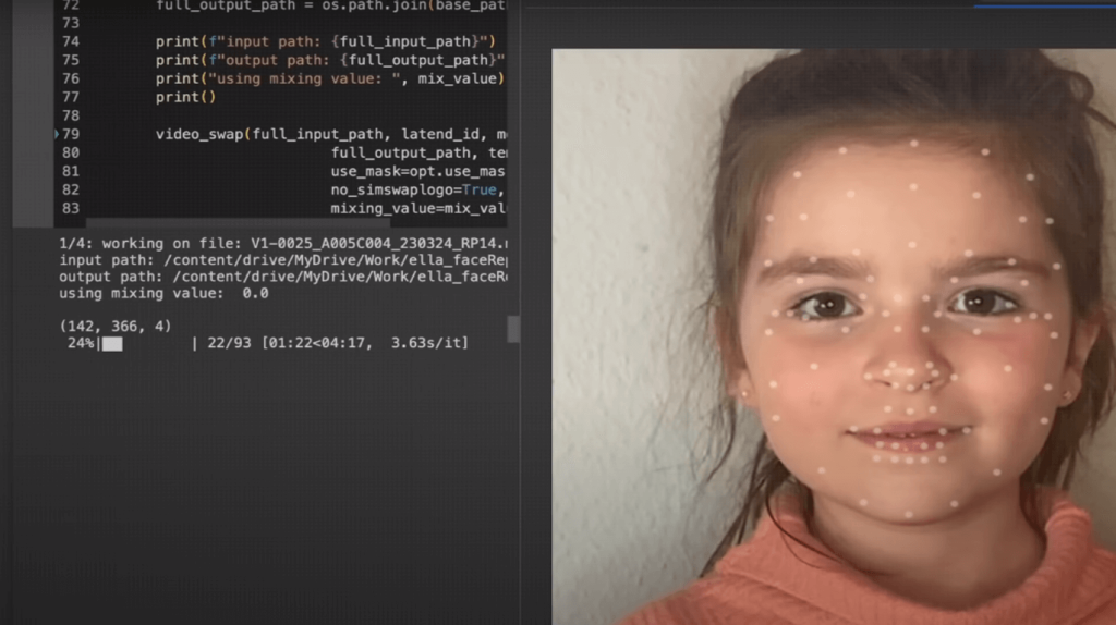 Printscreen de vídeo da campanha em que aparece a foto de um rosto de menina sendo adulterado em computador.