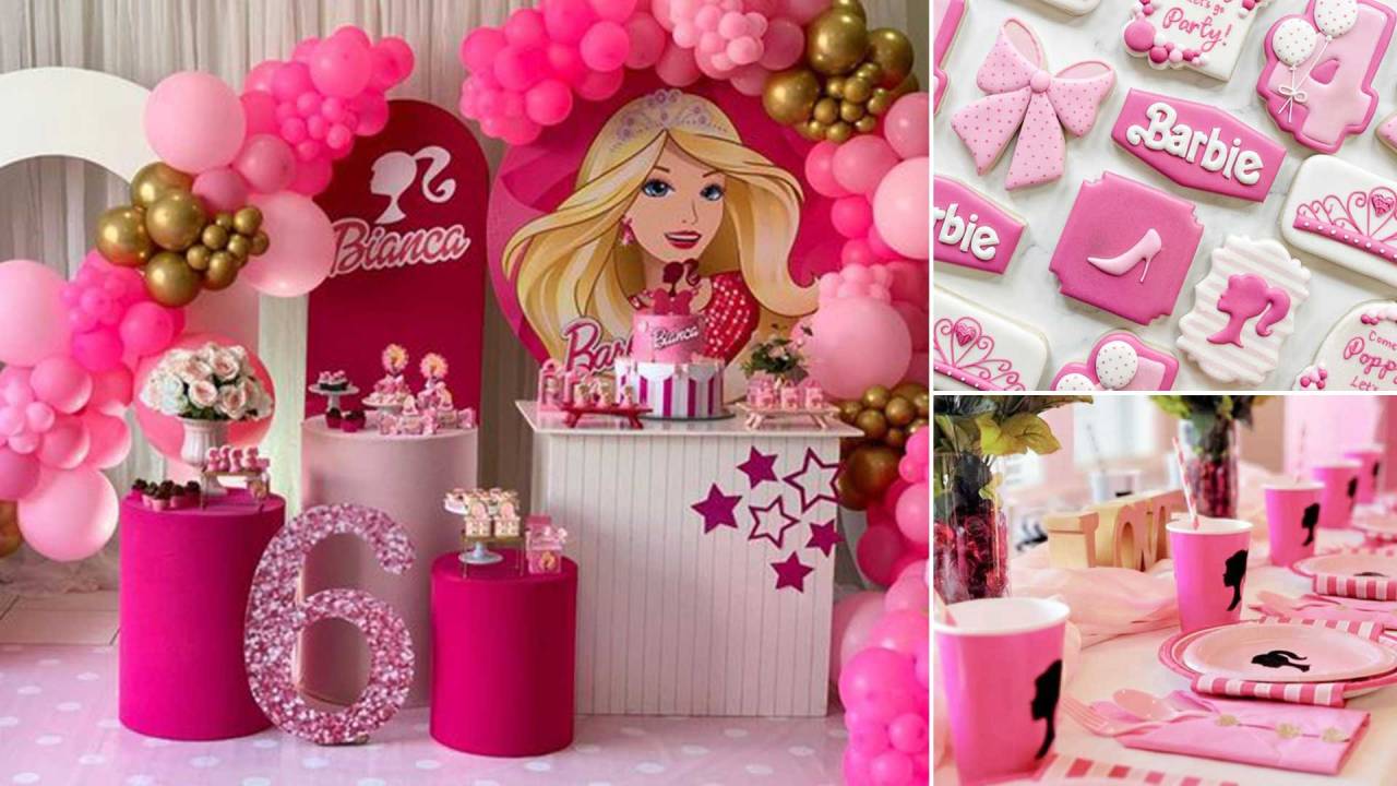 Mesa decorada com o tema Barbie, ao lado de biscoitos decorados com o mesmo tema e uma mesa com copo, talheres e prato