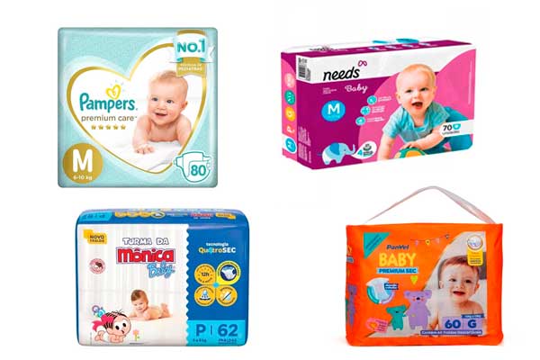 fraldas-em-oferta-1 quatro pacotes de fralda sobre fundo branco. Das marcas Pampers, Needs, Turma da Mônica Baby e Panvel.
