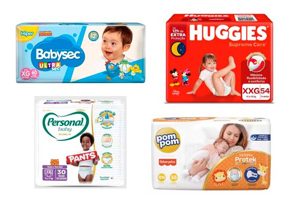 fraldas-em-oferta-2 quatro pacotes de fralda sobre fundo branco. Das marcas Babysec, Huggies, Personal Baby e PomPom