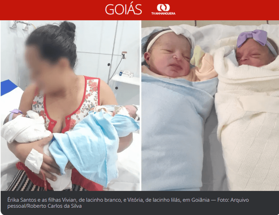 Duas fotos. à esquerda, mulher com o rosto borrado carrega duas bebês, uma em cada braço. À direita, as duas meninas estão deitadas uma ao lado da outra, cada uma enrolada por uma mantinha.