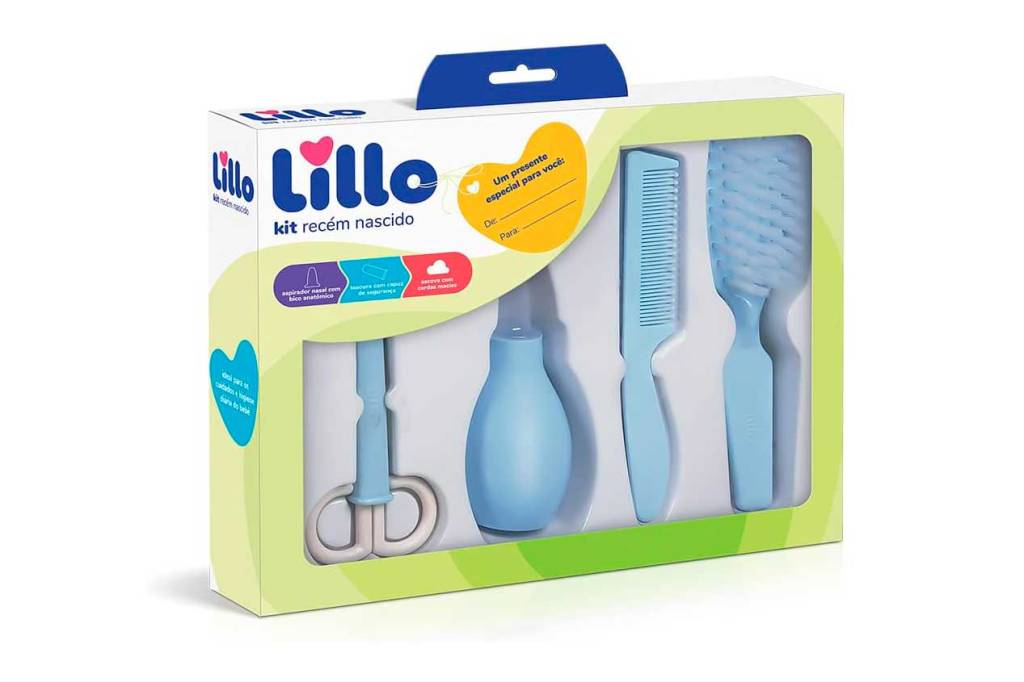 kite-recém-nascido Kit de higiene dentro da caixa: tesourinha, bombinha de nariz, pente e escova de cabelo, todos azuis.